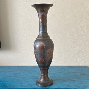 Brass Blue & Coral Vase